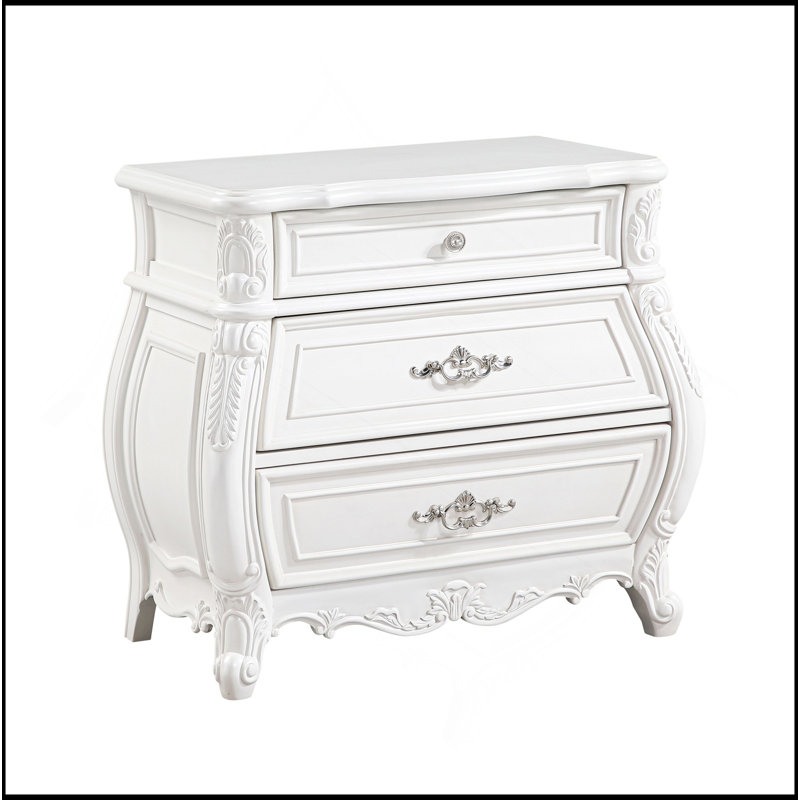Table de chevet 3 tiroirs de style moderne en bois blanc perle