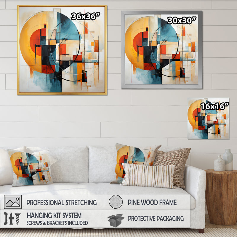 Fusion colorée de style Mid-Century abstrait II - impression, H 16 po x l 16 po x P 1 po, Cadre flottant doré