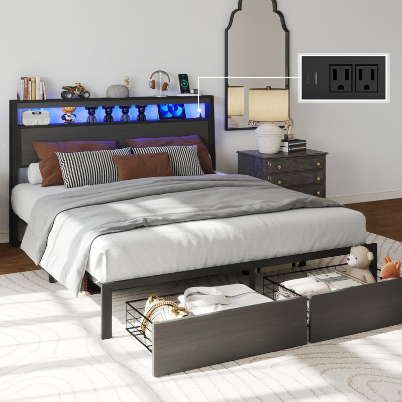 Full Bed Frame with 2 Storage Drawers and LED Lights,Metal Bed Frame with 2-Tier Storage Headboard and Charging Station, Gray
