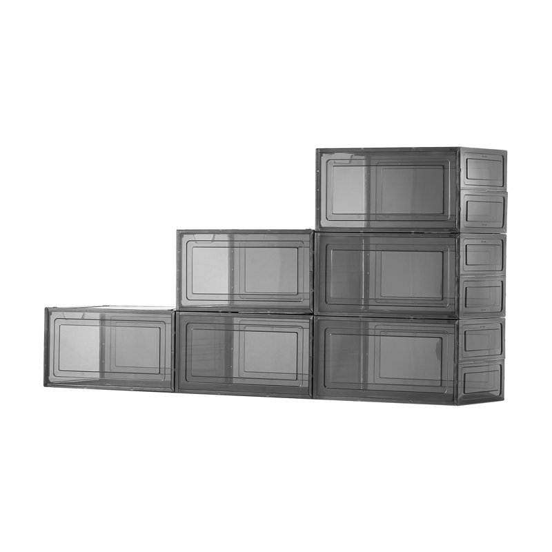 6-Pack Stackable Clear Shoe Storage Boxes with Magnetic Doors - Black Trim, Fits US Size 13, Black/Clear