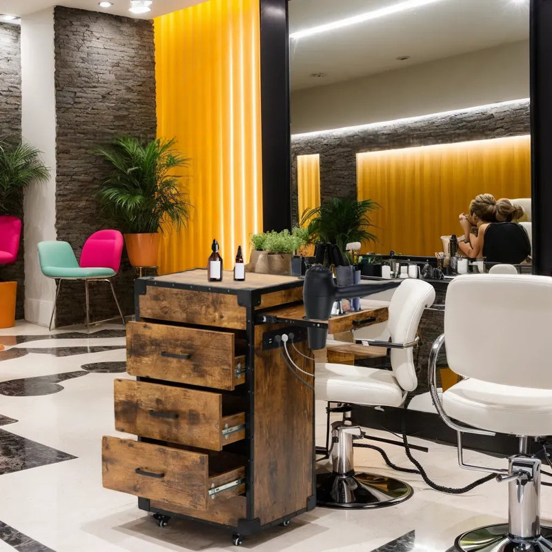 Industrial Brown Rolling Salon Cart with Iron Frame and Drawers