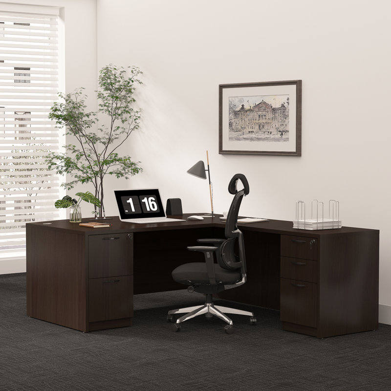  66.93'' L-Shaped Office Executive Desk with File Cabinets, Espresso