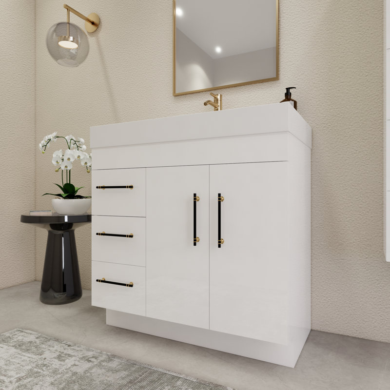 36" Freestanding Single Bathroom Vanity Set with Drawers and Doors, Glossy White