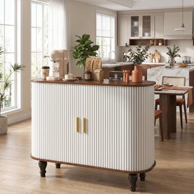 Bar Mid-Century moderne cannelé avec rangement pour le vin, porte-verres, tiroir et compartiments latéraux