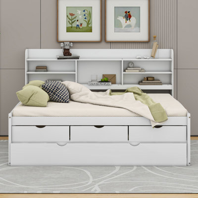 Full Size Wooden Captain Bed with Built-in Bookshelves, Three Drawers and Trundle