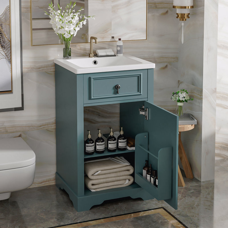 Meuble-lavabo de 20 po avec lavabo en céramique, porte à fermeture en douceur, tablette réglable, support de rangement fixé à la porte