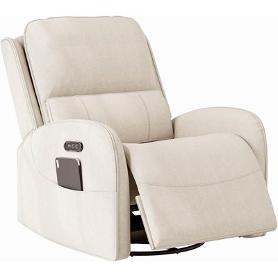 Power Comfy Linen Fabric Recliner Chair with Headrest, Lumbar & USB Ports, White