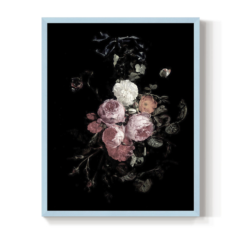 Reproduction florale rétro encadrée XCV - bois massif, H 21 po x l 17 po, Bleu