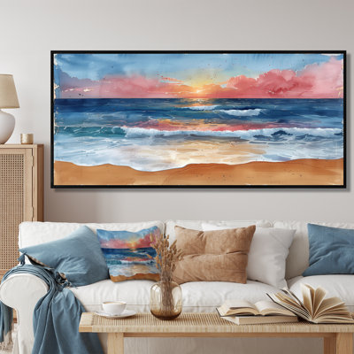 Rose, bleu, italien, bord de mer, coucher de soleil, plage, art mural, salon