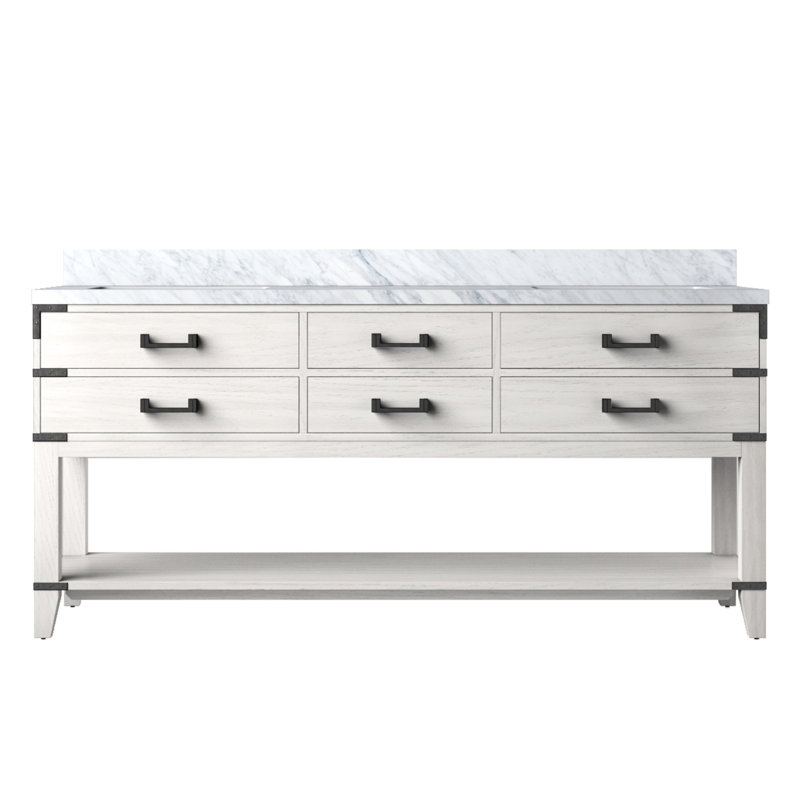 72 po Meuble-lavabo double W en chêne blanc avec plateau en marbre - bois massif, fermeture en douceur, pré-percé pour 8 robinets, comptoir spacieux à largeur de rangement, conception étroite, quatre tiroirs abondants et tablette ouverte
