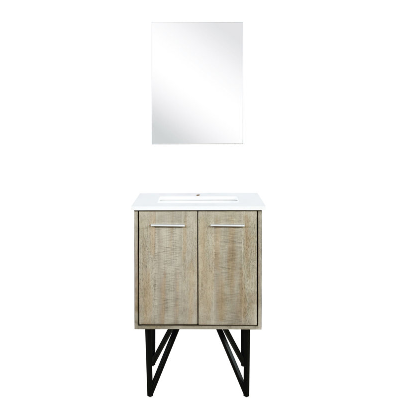 Rustique 24 po Meuble-lavabo large pour salle de bain avec comptoir en quartz blanc, 18 miroirs ovales à plateau de table, charnières à fermeture en douceur et tablettes intérieures avec espace de rangement réglable