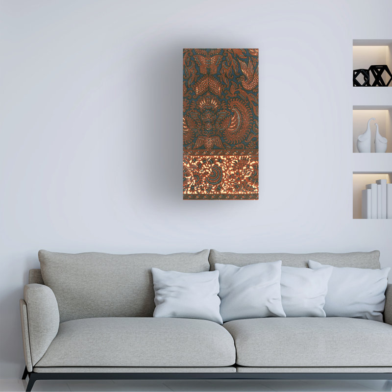 Indonesian Batik Floral Canvas Art in Brown and Green