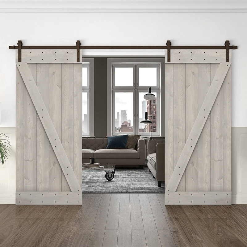 Porte de grange en bois massif lambrissé et métal, 48 po x 84 po, Gris argenté