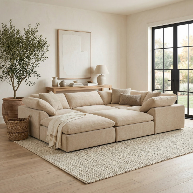 Canapé modulaire surdimensionné de 6 pi avec 2 repose-pieds Caitlynne d'inspiration nuageuse et profonde de 132 po avec 2 repose-pieds | Tissu performant résistant aux taches et à l'eau | Canapé à bourre de duvet à assise profonde | Coussins moelleux, conception moderne