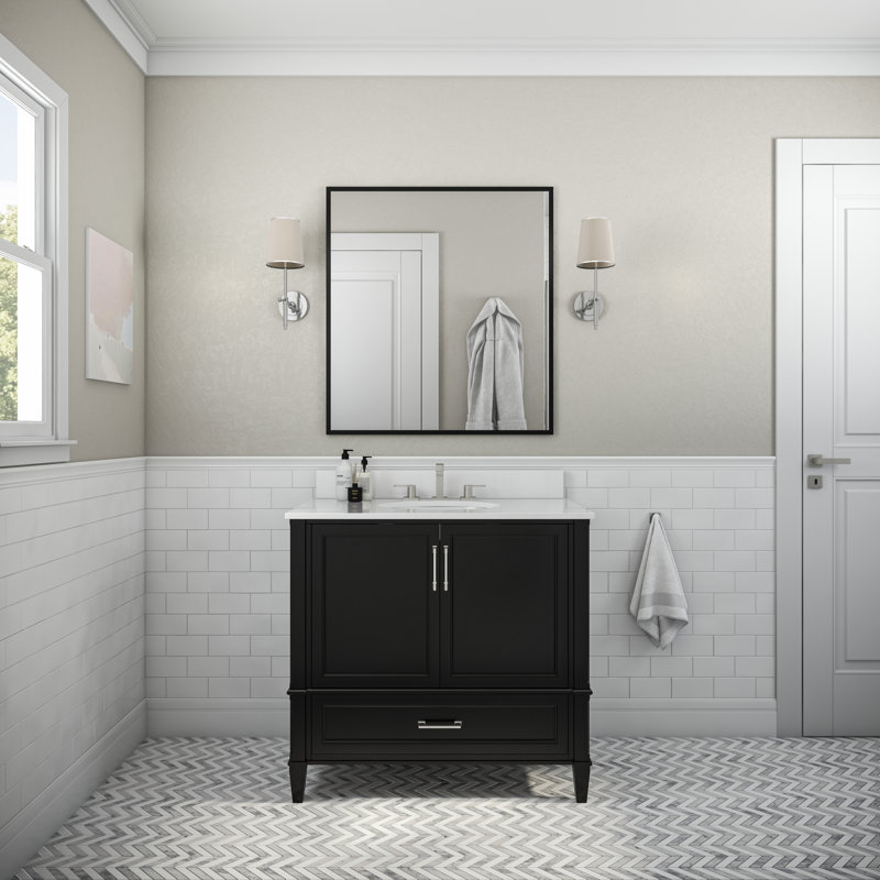 Montauk 36'' Single Bathroom Vanity with Top, White Granite, Midnight Black