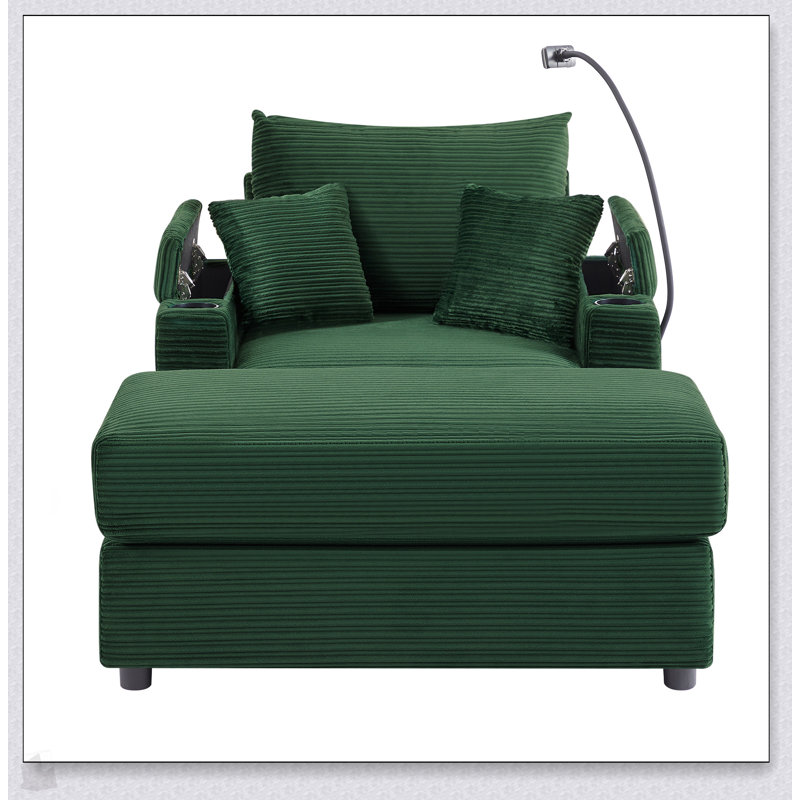 Single Sofa with Storage Ottoman & USB Ports – 2 Cup Holders, Phone Holder, Corduroy Upholstery, Green
