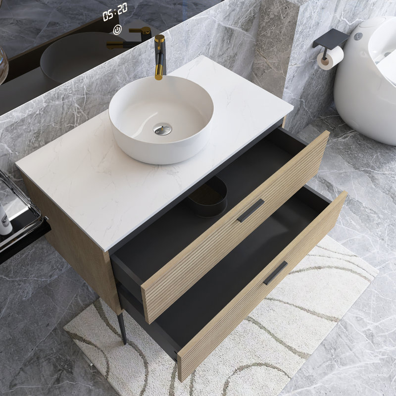 Meuble-lavabo autoportant moderne en chêne naturel rayé avec lavabo en céramique