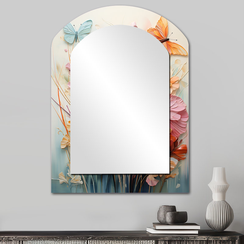 Butterfly Whimsical Flight Bouquet I - Large Arched Wall Mirror On Metal, 34" x 25"