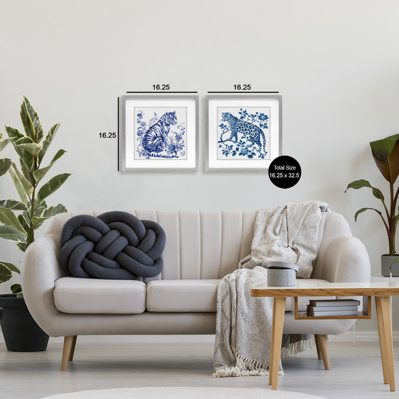 Ensemble de 2 reproductions encadrées ornées et détaillées de grands chats sous le verre, design par lettré et doublé