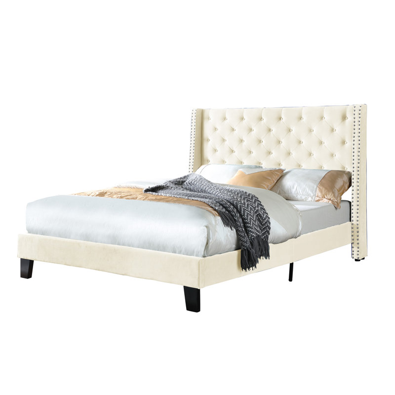 Lit plateforme tapissier Daisy-Rose, Beige, Double