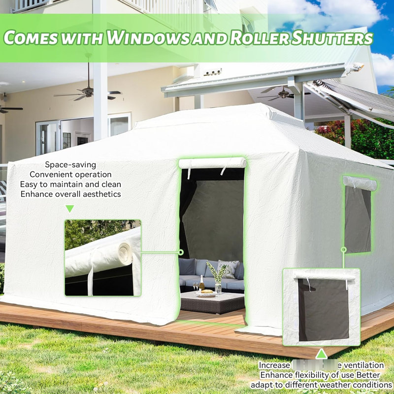 Housse pour abri de jardin d'extérieur 12 pi x 16 pi pour - Protection imperméable hivernale avec parois latérales et fenêtres en filet Pe coupe-vent et pratique toutes saisons fermée
