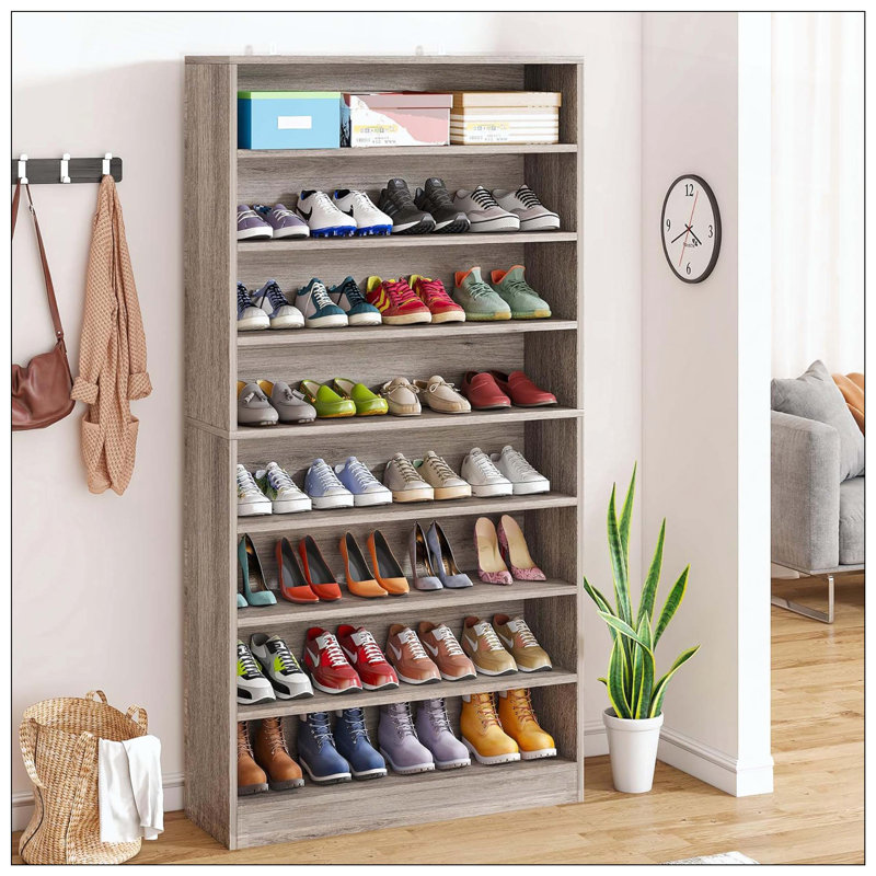 Armoire de rangement à chaussures autoportante en bois 9 étages, Gris