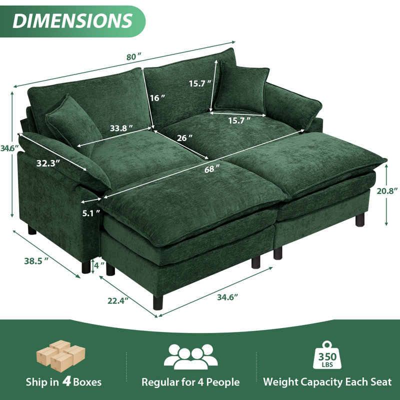 Canapé modulaire en U rembourré avec deux repose-pieds, H 34,6 po x l 80 po x P 57,8 po, Chenille verte