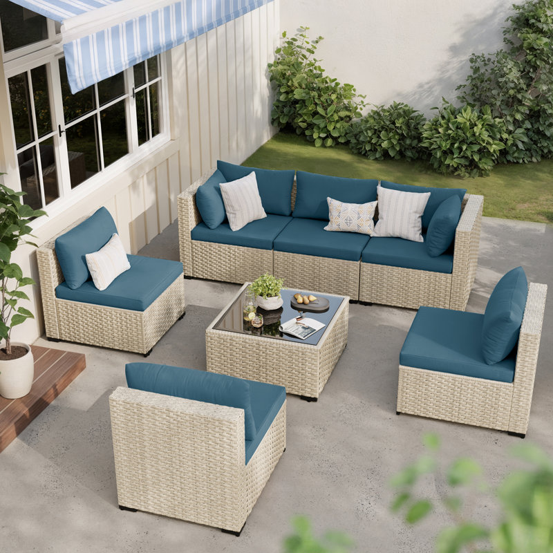 Ensemble de conversation de patio 7 pièces avec table basse et coussins, Bleu paon, Gris