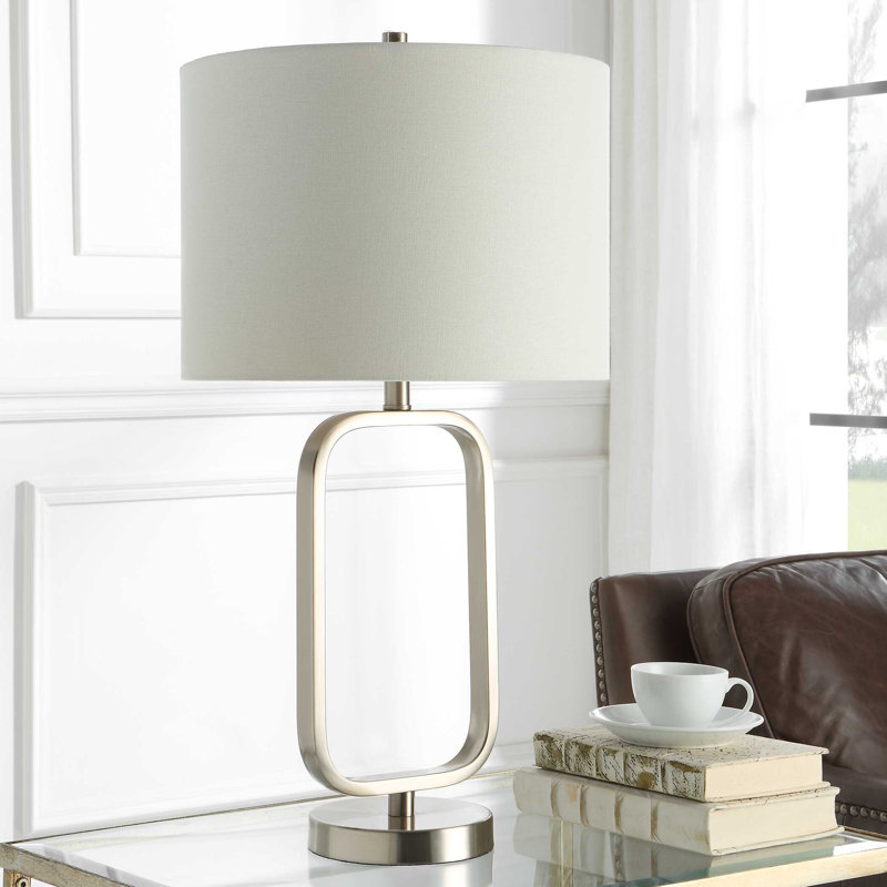  Lampe de table en nickel brossé avec abat-jour en tissu blanc H 26,5 po