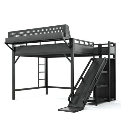 Lit mezzanine en métal, lit mezzanine avec glissade, tablettes de rangement et garde-robe intégrée, cadre de lit mezzanine en métal avec ports USB et lumières DEL, cadre de lit mezzanine haute, cadre de lit mezzanine multi-rangement pour enfants avec échelle pour salle de jeux