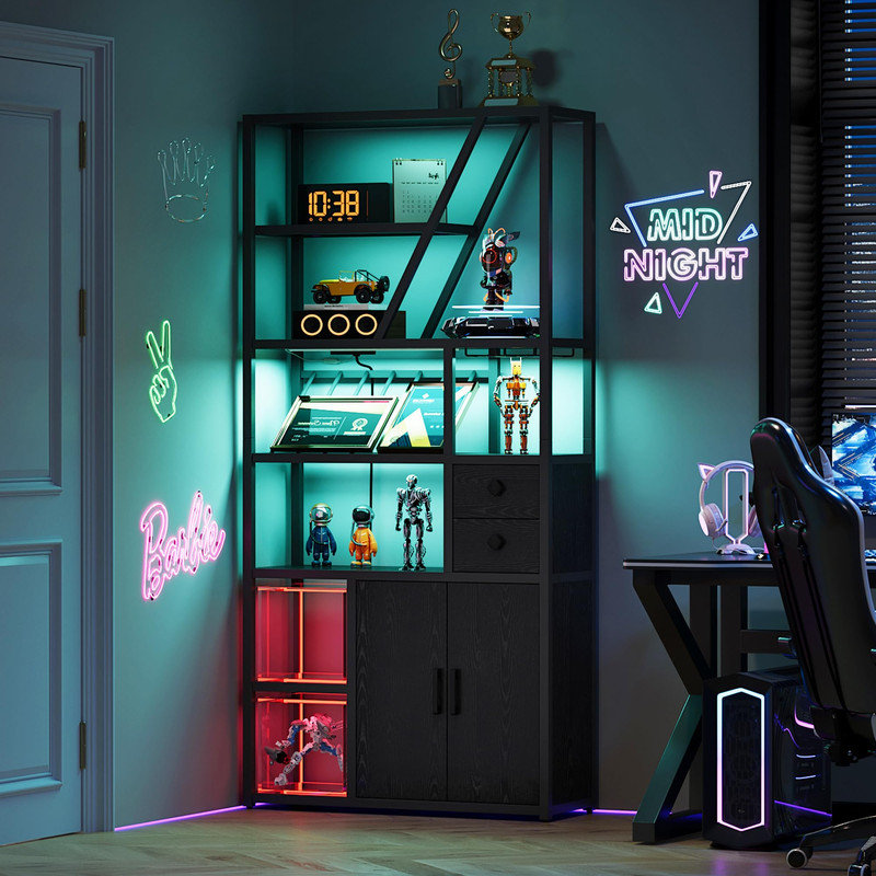Armoire à vin à DEL avec prises de courant, grande station de café, support à vin et support à micro-ondes pour la cuisine ou le salon