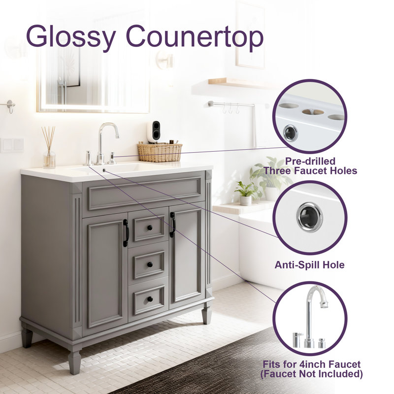 Meuble-lavabo simple 36 po avec 2 portes et tiroirs à fermeture douce, Gris