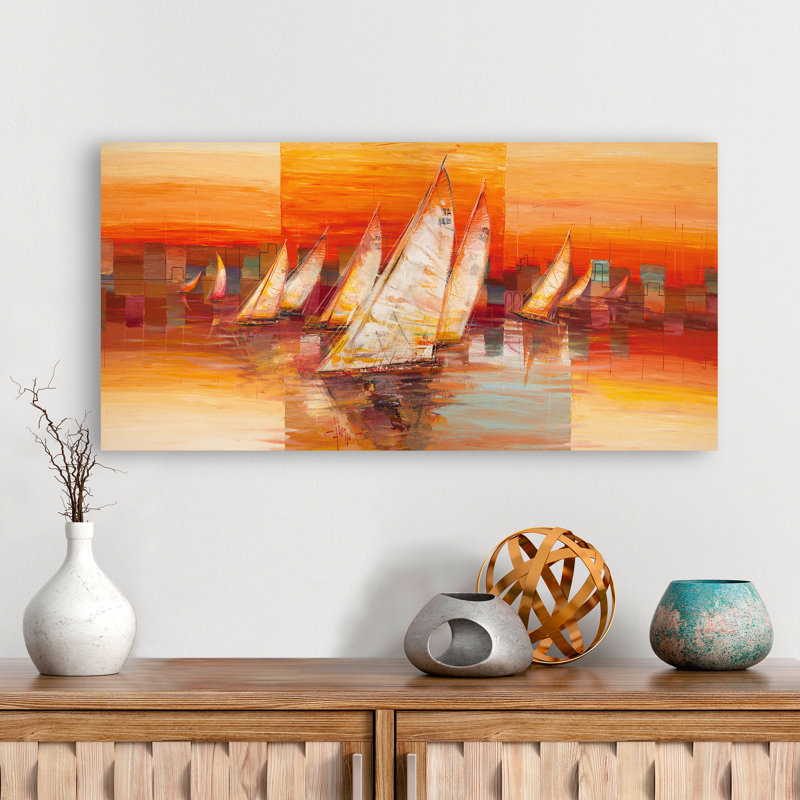 Sailboats At Sunset by Luigi Florio - No Frame Print on Canvas, 35cm H x 70cm W x 4cm D