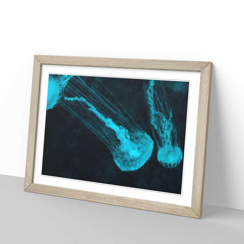 Neon Blue Jellyfish - Picture Frame Graphic Art Print, 24cm H x 33cm W x 2cm D, Oak Framed