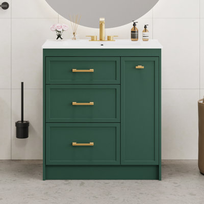 Ensemble de meuble-lavabo classique 30 po Roomfitter, avec trois tiroirs, un tiroir double couche et de longues poignées dorées, vert givré