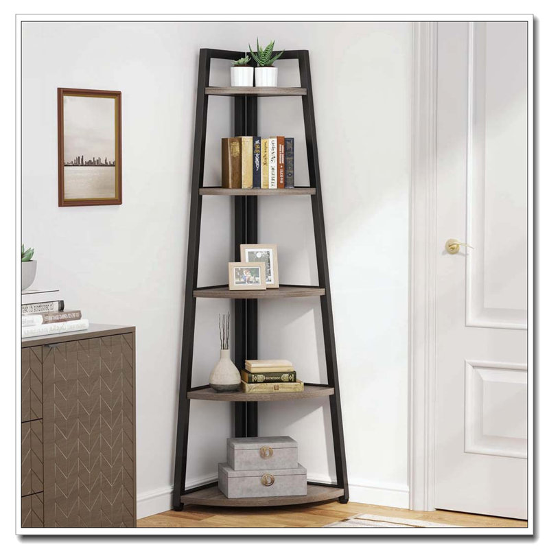 Étagère de coin 70,07 po, bibliothèque de coin 5 niveaux, Gris