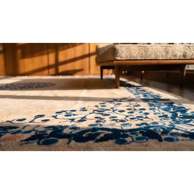 Wool Chinese - Peking Ivory Rectangle Knotted Antique 1890s Room Size Rug