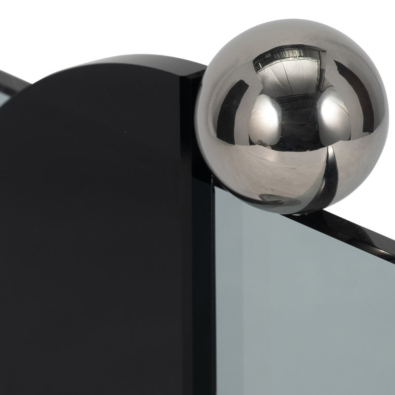 Sleek Modern Decorative Object in Glass and Crystal with Intersecting Semicircles and Metal Sphere on Round Base