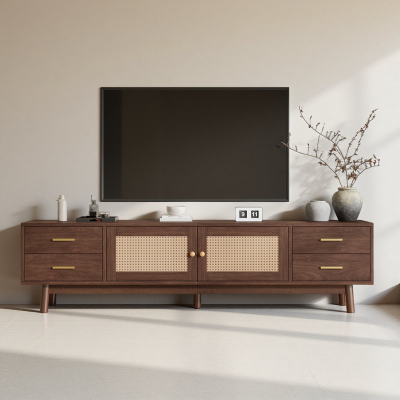 Meuble télé 70 po avec portes en rotin pour téléviseur de 80 po ou moins, console multimédia avec espace de rangement, 4 tiroirs et trous pour câbles