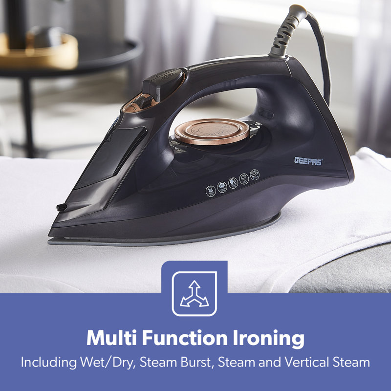 Geepas 2400W Steam Iron – 2 in 1 Dry & Wet Steam Iron - Adjustable Temperature Control, Ceramic Soleplate - Dry/Steam/Burst of Steam/Vertical Steam Function, 150g Steam Boost - 2 Years Warranty