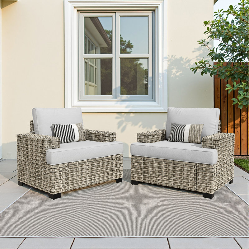 Wicker Rattan Outdoor Patio Chairs With Cushions And Wide Armrest, Gray