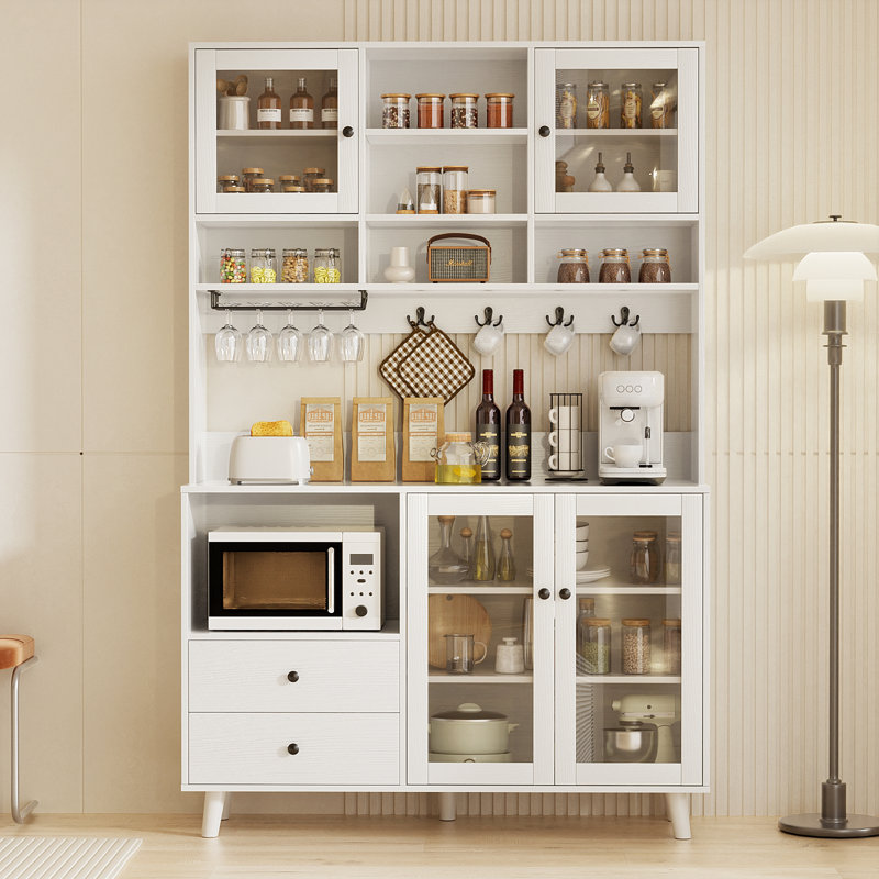  72.5"H Kitchen Pantry With Glass Door And Microwave Shelf, White