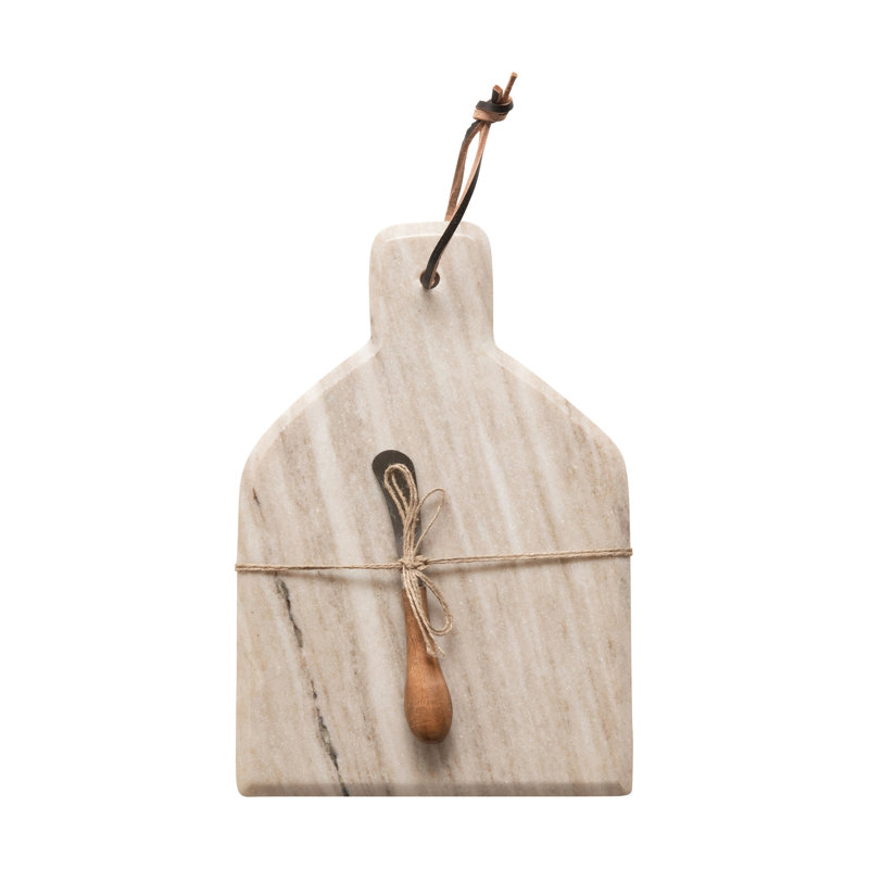 Millings Marble Cheese and Cutting Board with Handle, Leather Tie, and Canape Knife