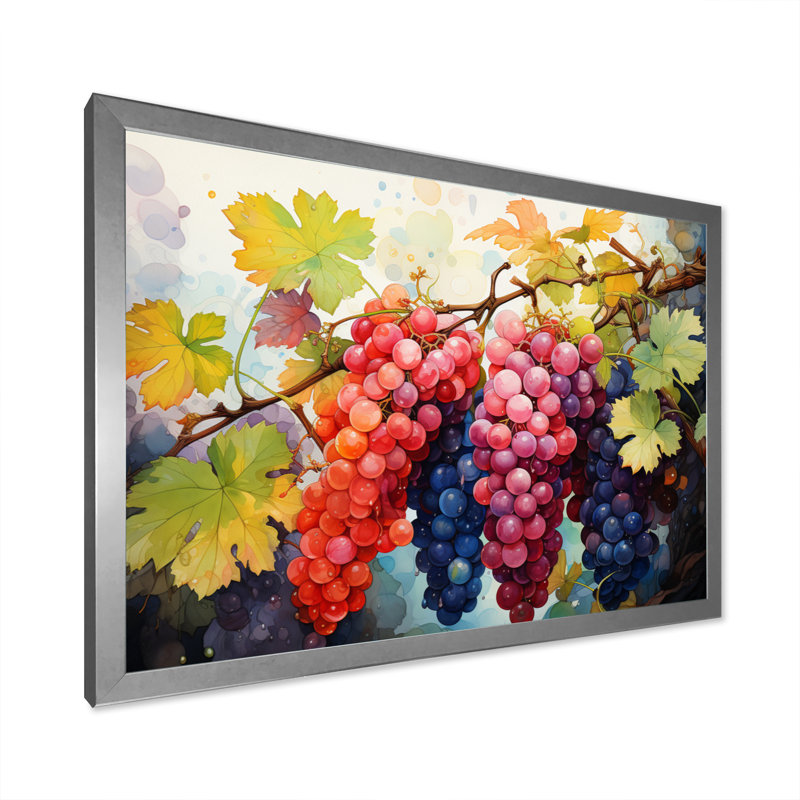 Rose, mauve, raisin, vignes, pointillisme - impression, Cadre simple argenté, H 34 po x l 44 po x P 1,5 po
