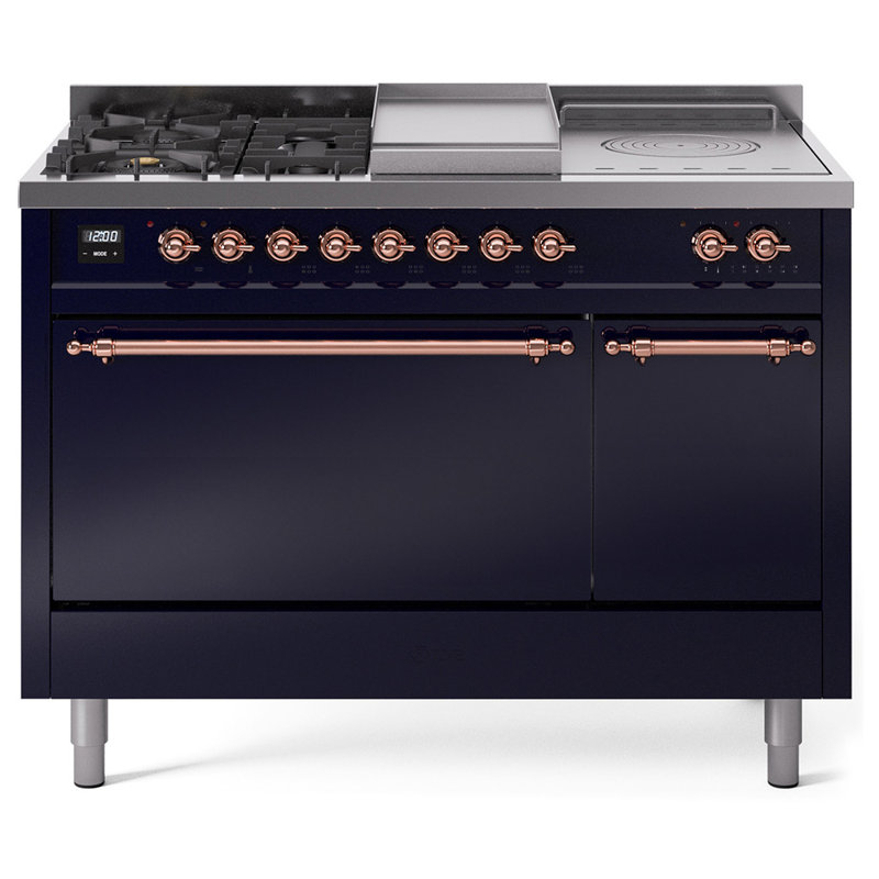 ILVE Nostalgie II 48 in Dual Fuel Range, 5 Burner, Griddle, Frenchtop, Midnight Blue/Copper, Liquid Propane