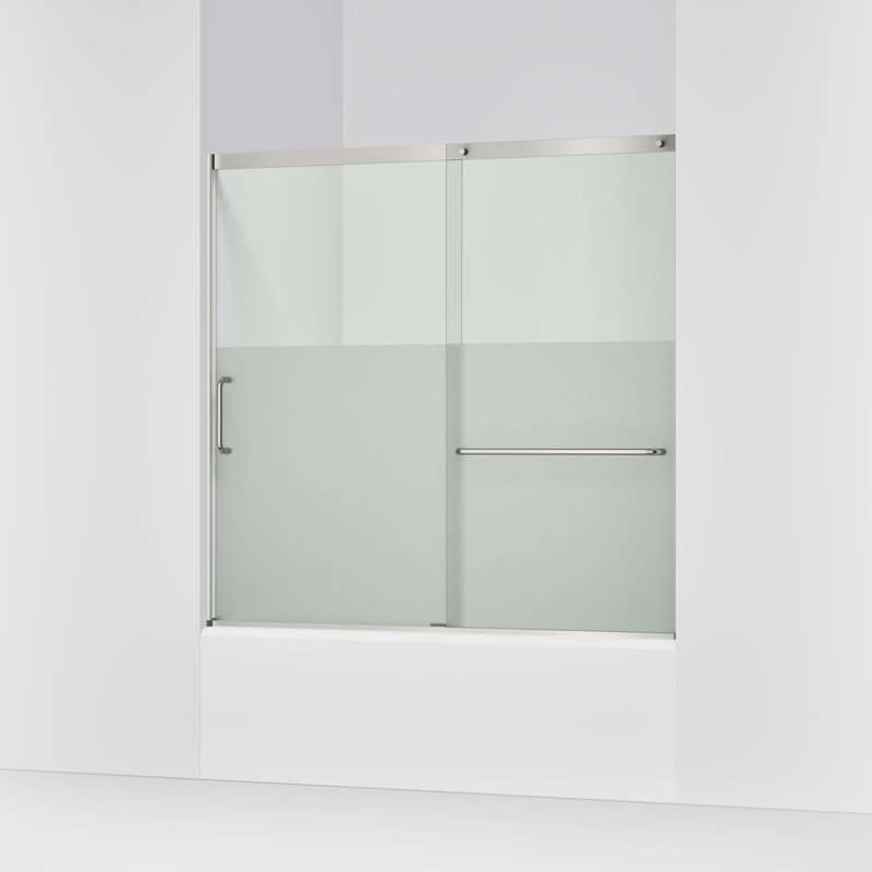 Elate Sliding Bath Door, 56-3/4-In H X 56-1/4 - 59-5/8-In W With Heavy 5/16-In Thick Crystal Clear Glass With Privacy Band