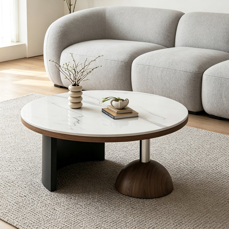 Table basse pour petit appartement Creativité, 12.59" H x 27.55" W x 27.55" D, White/Gray/Black, Marble