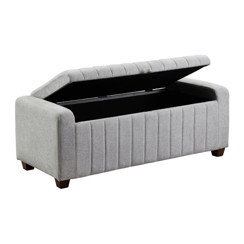 Storage Bench With Gray Boucle Fabric And Plywood Support Contemporary Covering Space, Gray