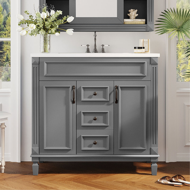 Meuble-lavabo avec lavabo simple, armoire de rangement avec 2 portes à fermeture douce et 2 tiroirs, Blanc