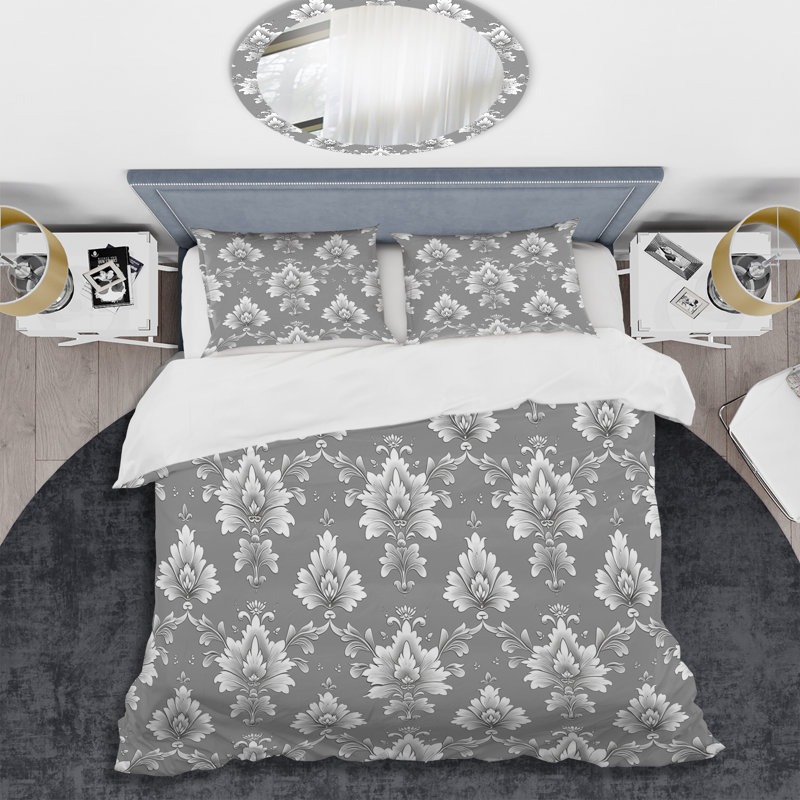 Grey White Glamour Damask I - Glam Duvet Cover Set, King Duvet Cover + 2 King Pillow Shams